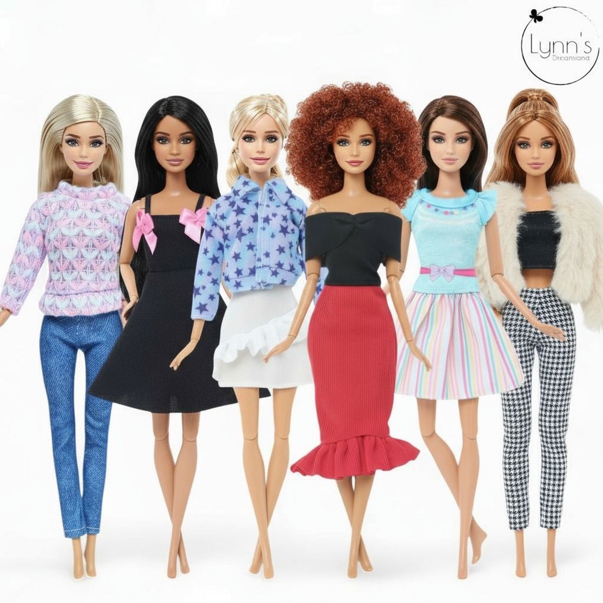 Lynns poppenkleertjes - Set Riley - Geschikt voor modepop - Set van 6 outfits - Kleding voor modepoppen - Jurk, broek, rok, topje, trui, jas - Cadeauzakje